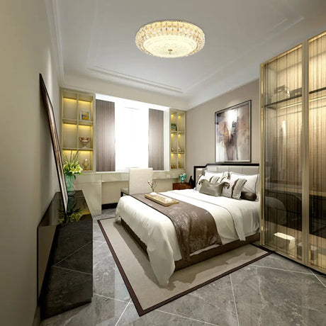 Contemporary Frosted Glass Led Ceiling Light With K9 Crystal In Gold - 12’/16’ Wide / 12’