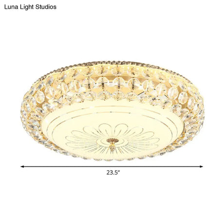 Contemporary Frosted Glass Led Ceiling Light With K9 Crystal In Gold - 12’/16’ Wide