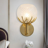 Contemporary Frosted Lattice Glass Wall Lamp - 1 Light Brass Finish Sconce