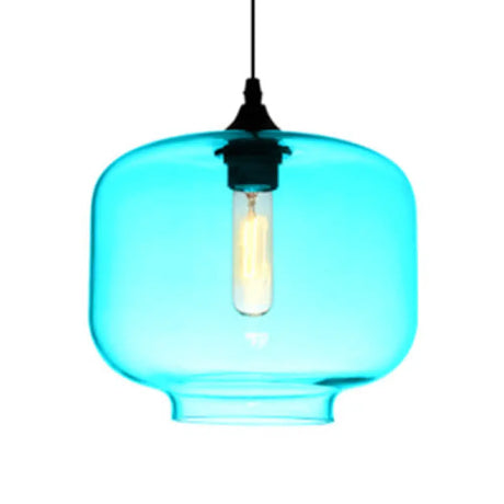 Contemporary Glass Hanging Lamp - Cylinder Shape 1 Light Red/Brown/Blue Sky Blue