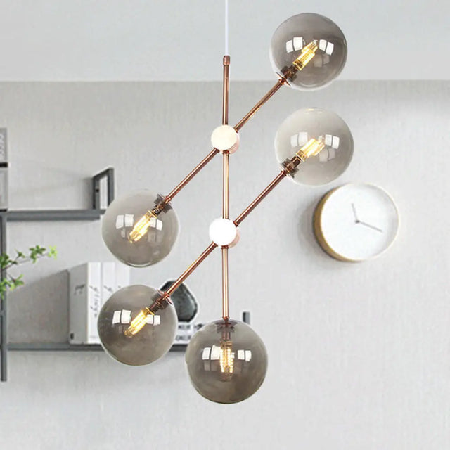 Contemporary Global Glass Chandelier - Modernist Amber/Smoke Gray 5-Bulb Led Hanging Lamp For Living