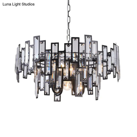 Contemporary Gold/Black Round Bedroom Suspension Light With 6 Crystal Block Bulbs