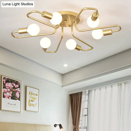 Contemporary Gold/Black/White Sputnik Semi Flush Ceiling Light - 6 - Light Metal Mount For Bedroom