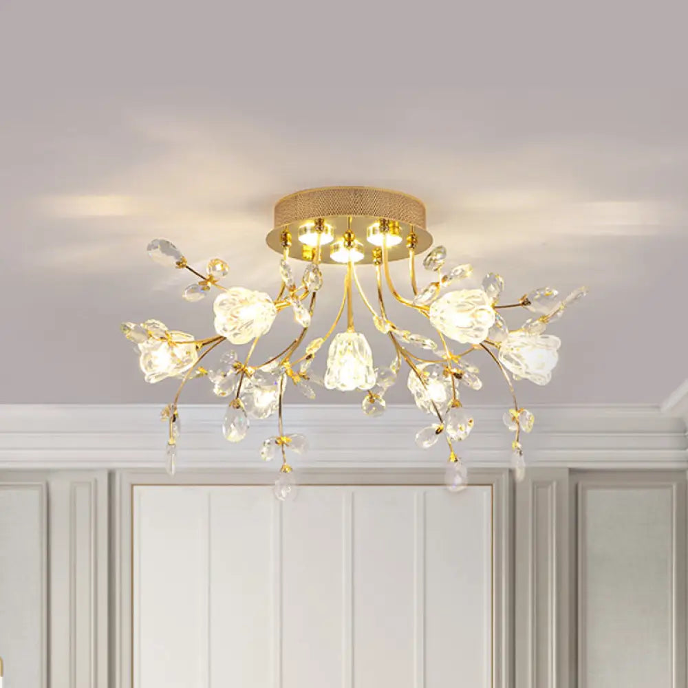 Contemporary Gold Crystal Flush Mount Lamp - 7 - Head Bedroom Lighting