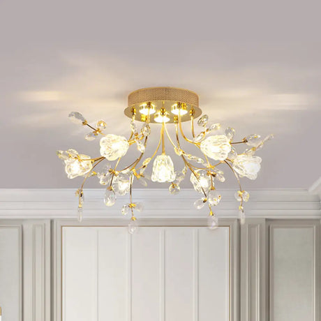 Contemporary Gold Crystal Flush Mount Lamp - 7 - Head Bedroom Lighting