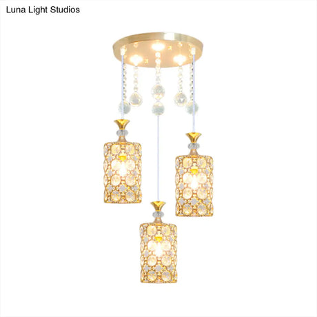 Contemporary Gold Finish Crystal-Encrusted Hanging Lighting With 3 Bulbs