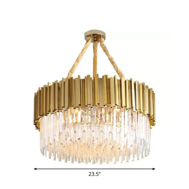 Contemporary Led Chandelier With Tri-Sided Crystal Rods Gold Finish For Dining Room 19.5/23.5/47