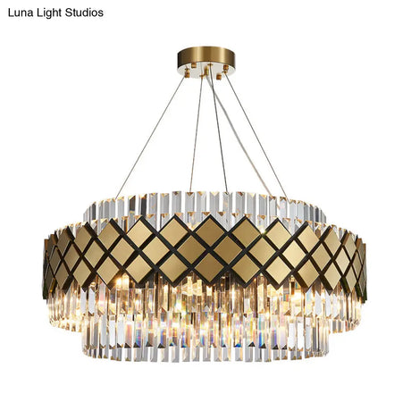 Contemporary Gold Mesh Chandelier - 12-Light Clear Crystal Pendant Light