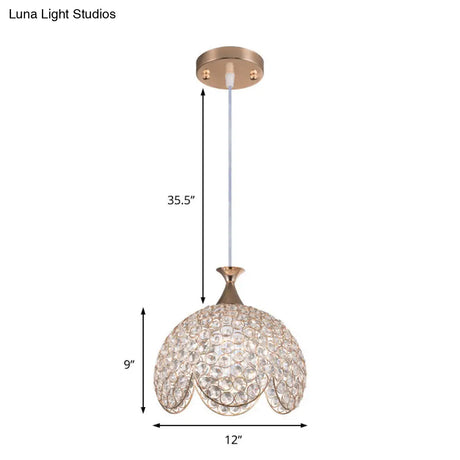 Contemporary Gold Ruffled Edge Crystal Pendant Lamp - 1 Light Dome Suspension Clear Various Sizes
