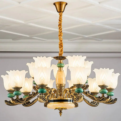 Contemporary Green Chandelier With Frosted Glass Floral Drop Lamp 15 / White