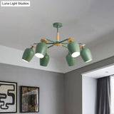 Contemporary Green Tulip Semi Flush Light Fixture With Iron Flushmount & Wood Detail - 6/8 Bulb