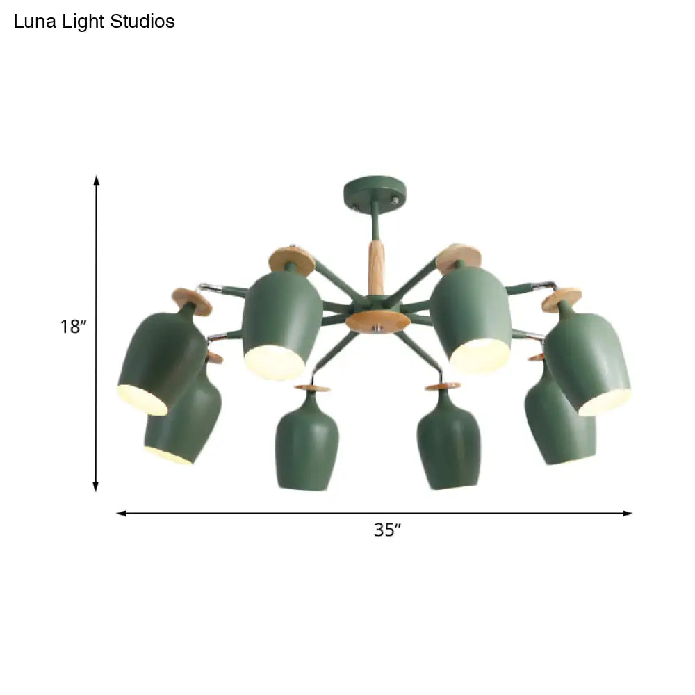Contemporary Green Tulip Semi Flush Light Fixture With Iron Flushmount & Wood Detail - 6/8 Bulb