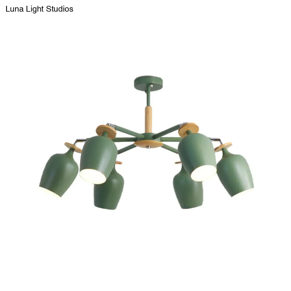 Contemporary Green Tulip Semi Flush Light Fixture With Iron Flushmount & Wood Detail - 6/8 Bulb