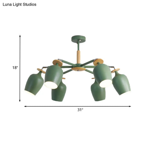 Contemporary Green Tulip Semi Flush Light Fixture With Iron Flushmount & Wood Detail - 6/8 Bulb