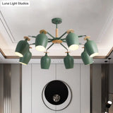 Contemporary Green Tulip Semi Flush Light Fixture With Iron Flushmount & Wood Detail - 6/8 Bulb