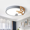 Contemporary Led Acrylic Drum Flush Mount Lighting - Green/White/Gray Ceiling Light With Deer
