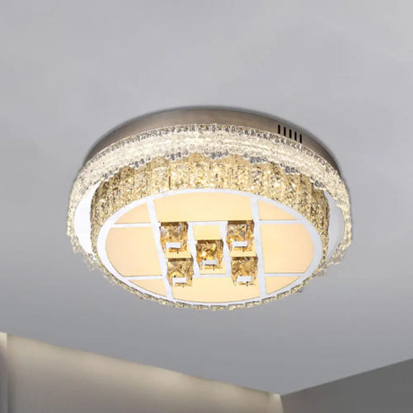 Contemporary Led Bedroom Lighting Fixture - Stainless Steel Flush Mount With Circular Crystal