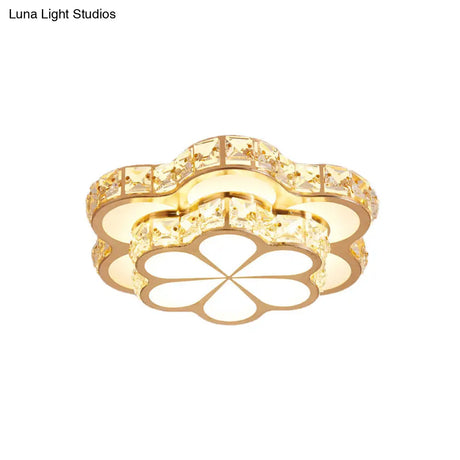 Contemporary Led Crystal Drum/Flower Corridor Flushmount Ceiling Light - White/Gold Finish