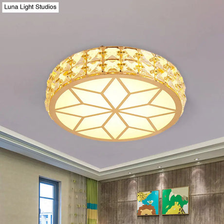 Contemporary Led Crystal Drum/Flower Corridor Flushmount Ceiling Light - White/Gold Finish
