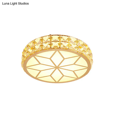 Contemporary Led Crystal Drum/Flower Corridor Flushmount Ceiling Light - White/Gold Finish