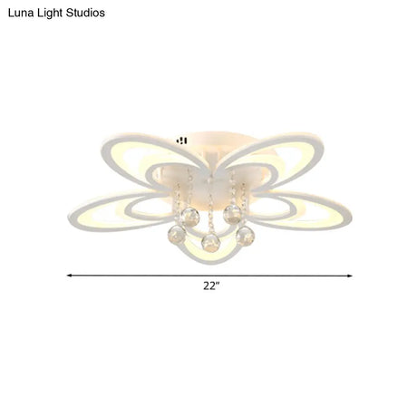 Contemporary Led Flush Ceiling Lamp In White - Acrylic And Crystal Semi Mount Lighting