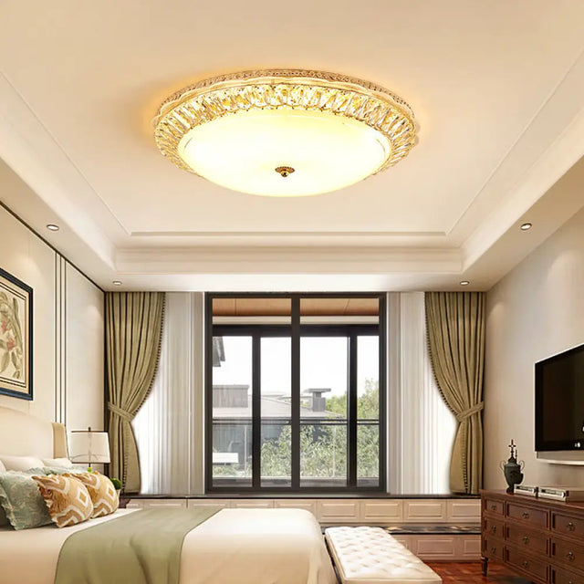 Contemporary Led Flush Mount Ceiling Light With Opal Glass Bowl And Crystal Accents - 12’/16’