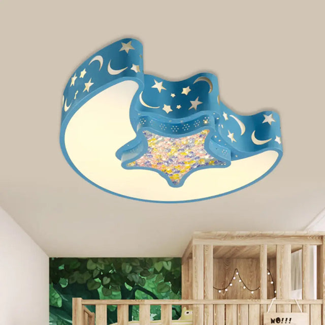 Contemporary Led Flush Pendant Light For Bedroom - Ceiling Mounted Fixture With Moon And Star