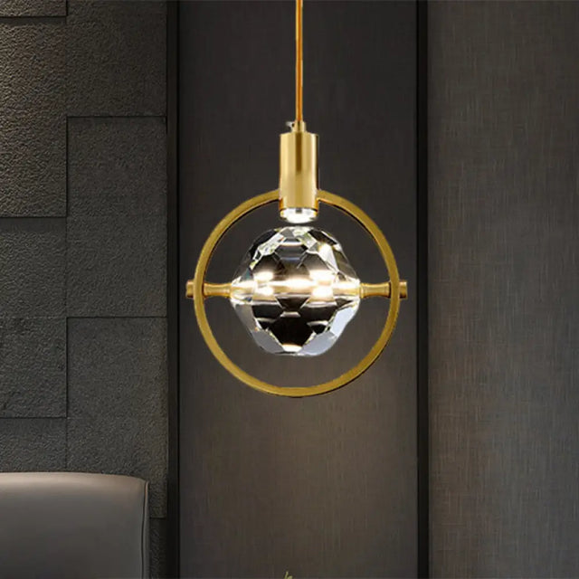 Contemporary Led Gold Crystal Hanging Lamp Kit - Bedroom Annular Suspension Light Clear