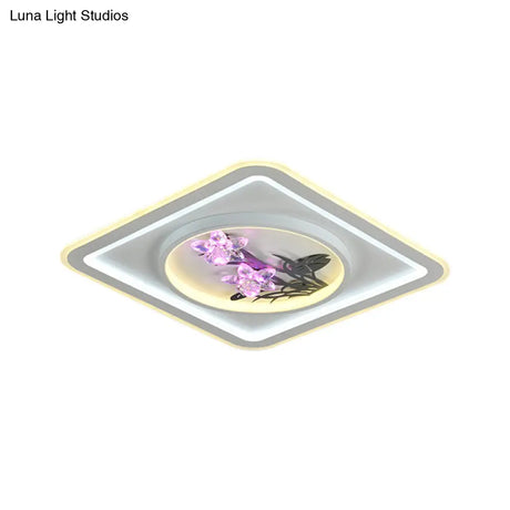 Contemporary Led Metal Ceiling Fixture: White Round/Square Flush Mount Lamp With Crystal Flower Deco