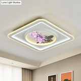 Contemporary Led Metal Ceiling Fixture: White Round/Square Flush Mount Lamp With Crystal Flower Deco