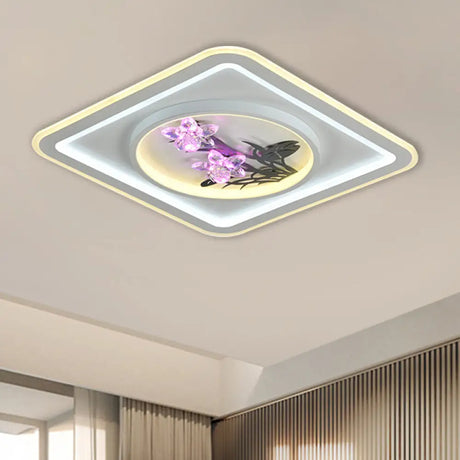 Contemporary Led Metal Ceiling Fixture: White Round/Square Flush Mount Lamp With Crystal Flower