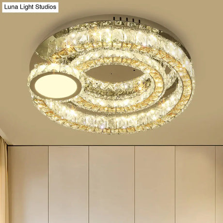 Contemporary Led Ring Flushmount: Stainless - Steel Finish Clear Faceted Crystal Blocks Ceiling