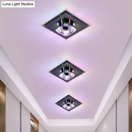 Contemporary Led Square Flushmount Light With Clear Crystals - Black Ideal For Corridor Ceiling