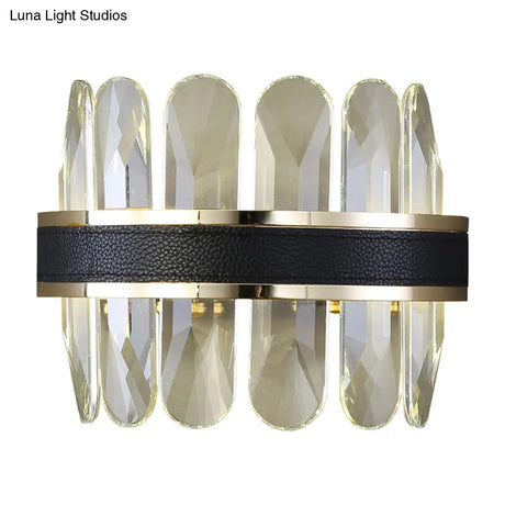 Contemporary Led Wall Sconce In Black - Clear Rectangle-Cut Crystal Half Cylinder Design For Bedside