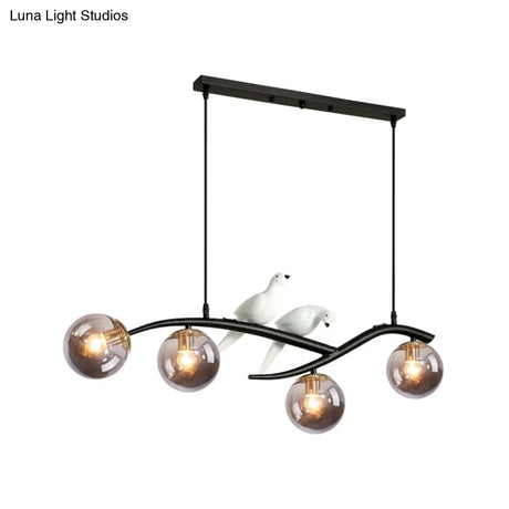 Contemporary Metal Branch Hanging Lamp Island Pendant - 4-Light Black/Gold With Bird Deco And Smoke