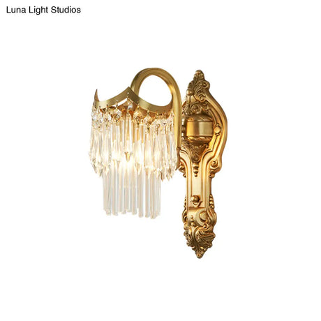 Contemporary Metal Gooseneck Wall Lamp With Clear Crystal Prism In Gold For Corridor