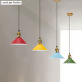 Contemporary Metal Pendant Light With Adjustable Cord - Yellow/Blue/Green Tapered Shade Ideal For