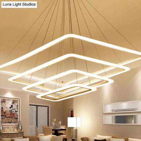Contemporary Metallic Led Chandelier Pendant Light - Rectangular Layered Design For Living Room In