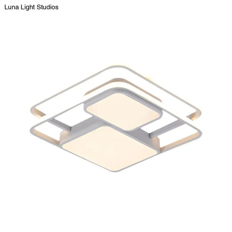 Contemporary Metallic Squared Flush Mount Lamp - White/Black Led Light 16.5’/20.5’ Width White/Warm