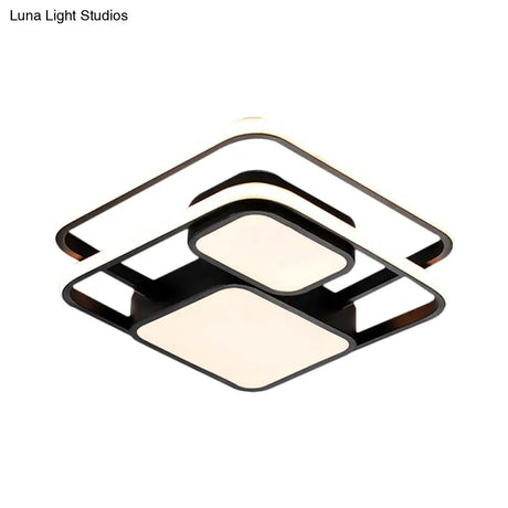 Contemporary Metallic Squared Flush Mount Lamp - White/Black Led Light 16.5’/20.5’ Width White/Warm