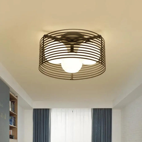 Contemporary Milk Glass Dome Flushmount: 3 - Head Flush Mount Ceiling Light With Black/White Drum
