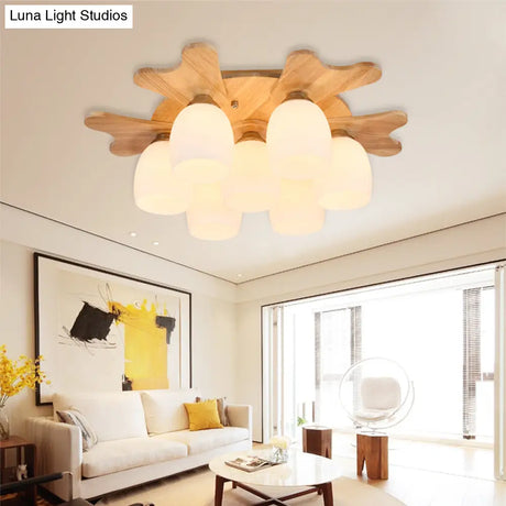 Contemporary Milk Glass Flush Mount Lamp With Wood Canopy - 1/3/4 Lights Beige Finish