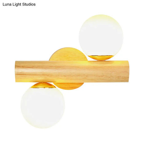 Contemporary Milk Glass Wall Lamp With Wooden Base - 2 Lights In White For Bathroom