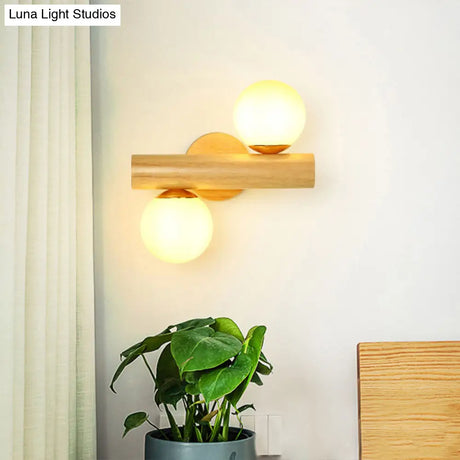 Contemporary Milk Glass Wall Lamp With Wooden Base - 2 Lights In White For Bathroom
