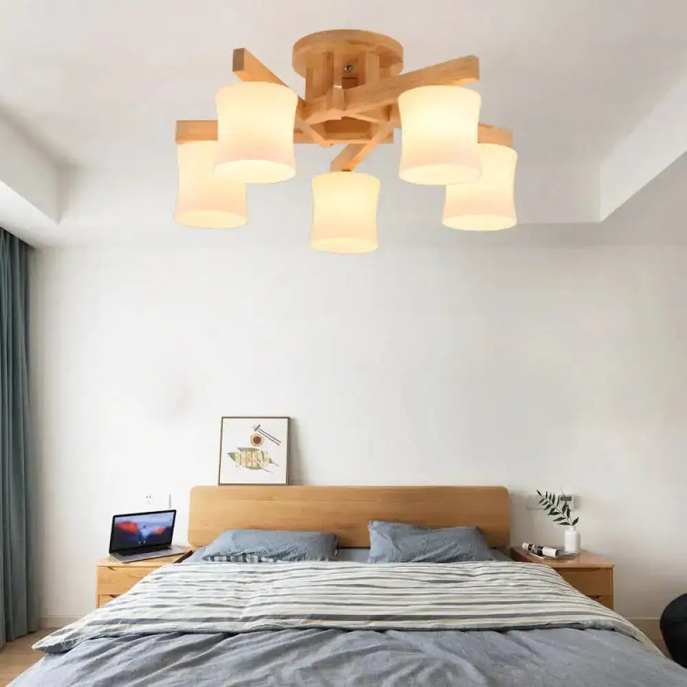 Contemporary Opal Glass Ceiling Flush Mount With Beige Semi Light Wood / Medium