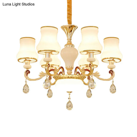 Contemporary Opal Glass Curved Cone Chandelier Light With Crystal Drop Deco - Gold Finish 3/6 Bulbs
