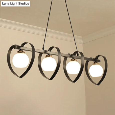 Contemporary Opal Glass Island Lighting - 3/4 Lights White/Black Hanging Ceiling Lamp With Heart