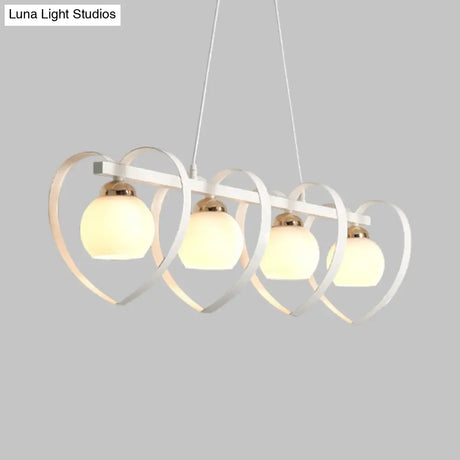 Contemporary Opal Glass Island Lighting - 3/4 Lights White/Black Hanging Ceiling Lamp With Heart
