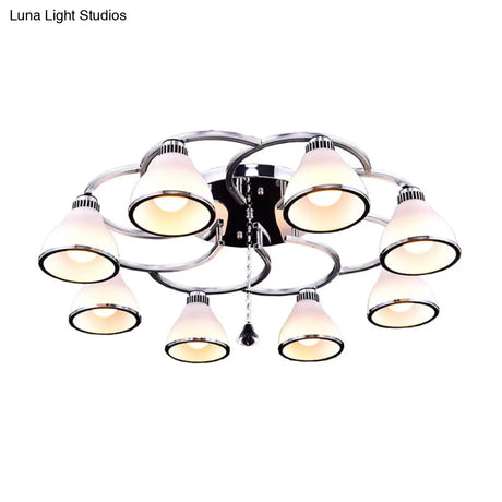 Contemporary Opal Glass Semi Flush Light Crystal 8 - Light Mount In Chrome For Living Room