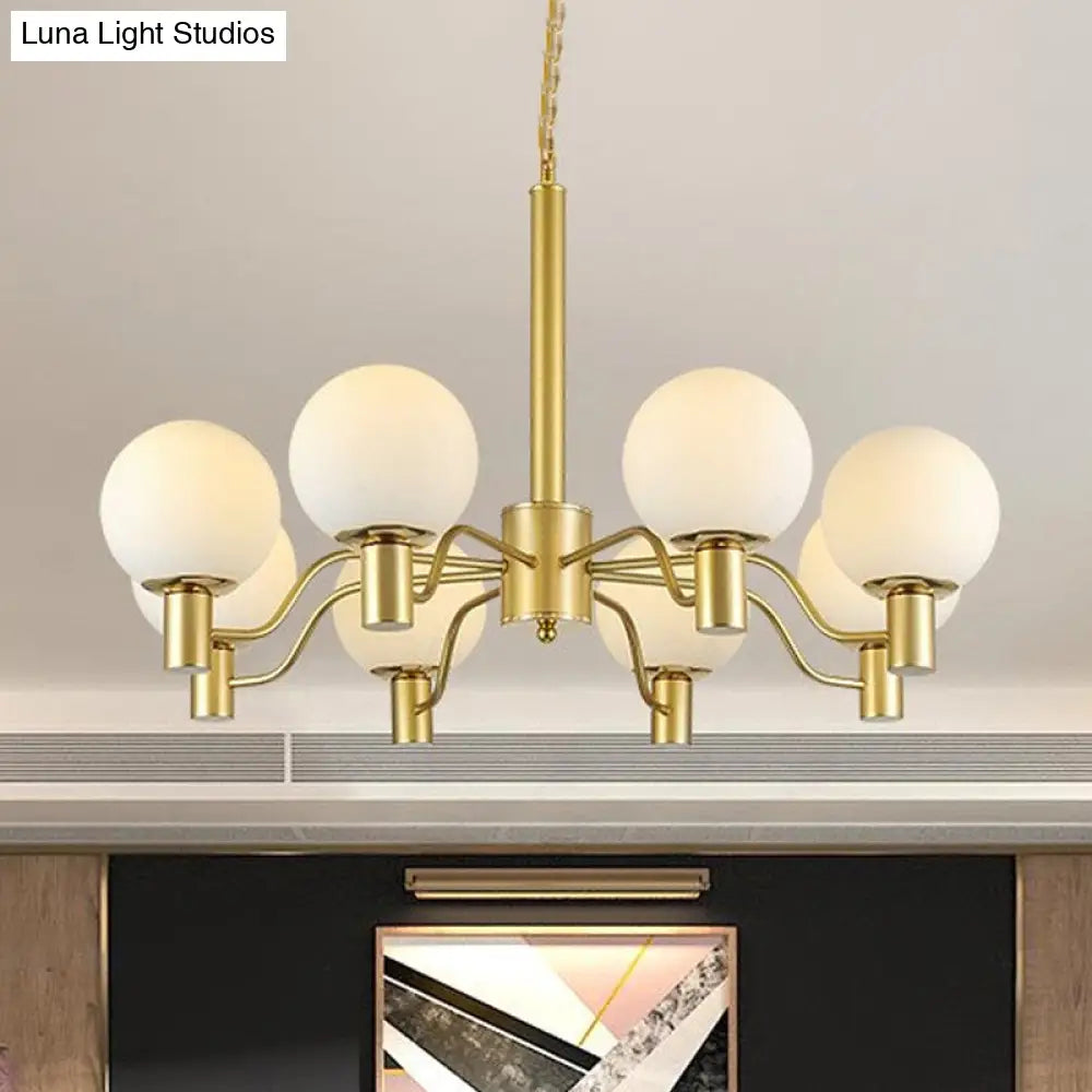 Contemporary Radial White Glass Chandelier With Gold Finish - Stunning Ball Shade Hanging Light